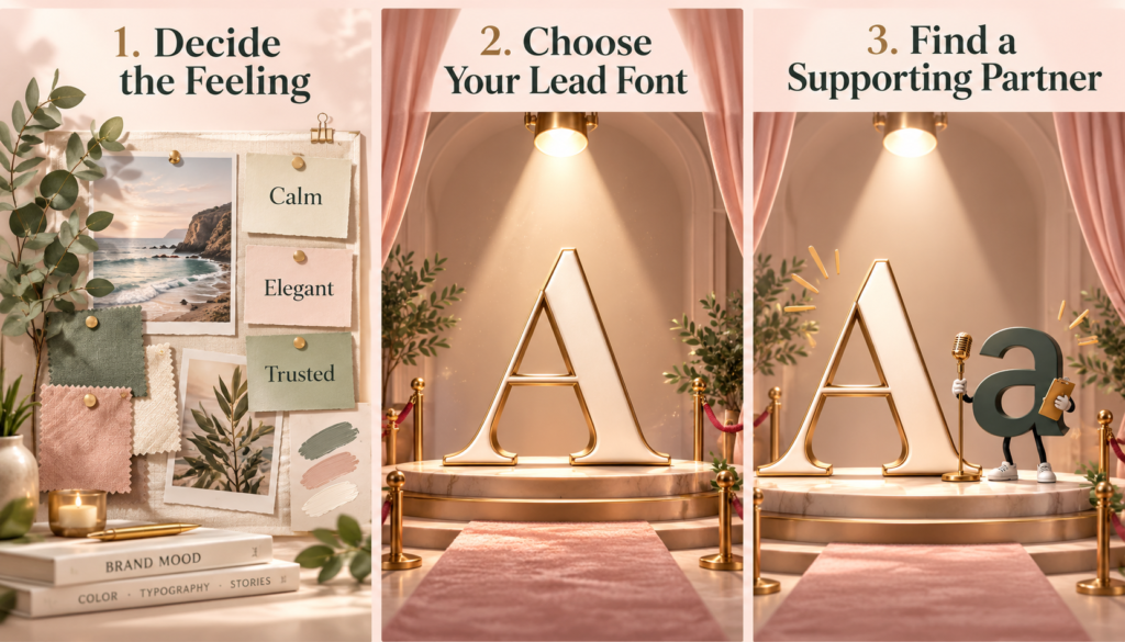 Choosing Canva font pairings step by step with mood board, lead font and supporting partner font