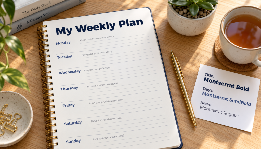 Canva font pairings using Montserrat in bold, semibold and regular weights on a weekly planner