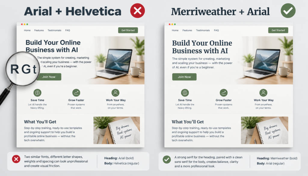 Canva font combinations comparison showing Arial and Helvetica mismatch beside a Merriweather fix