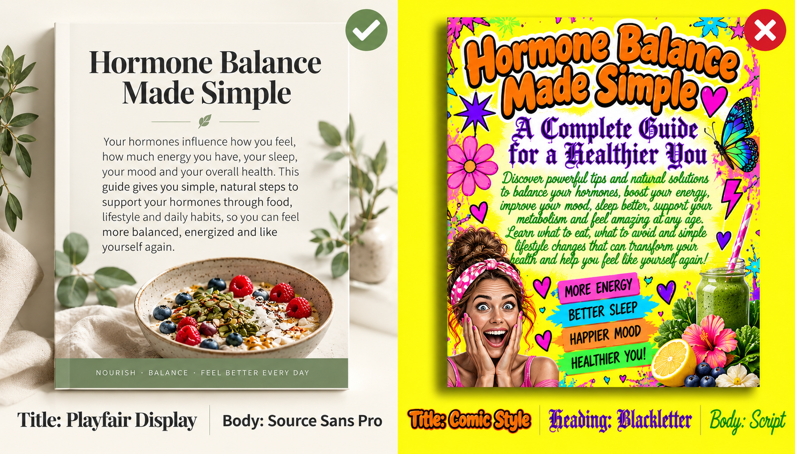 Bad Canva font combinations example with clashing comic, gothic and script fonts on bright yellow