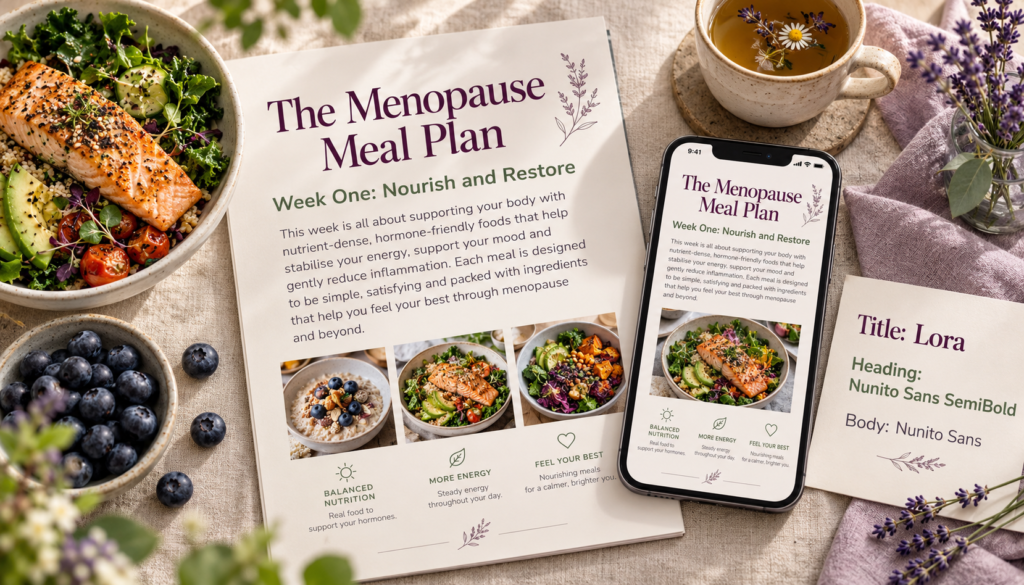 Canva font pairings using Lora and Nunito Sans on a menopause meal plan guide page and phone