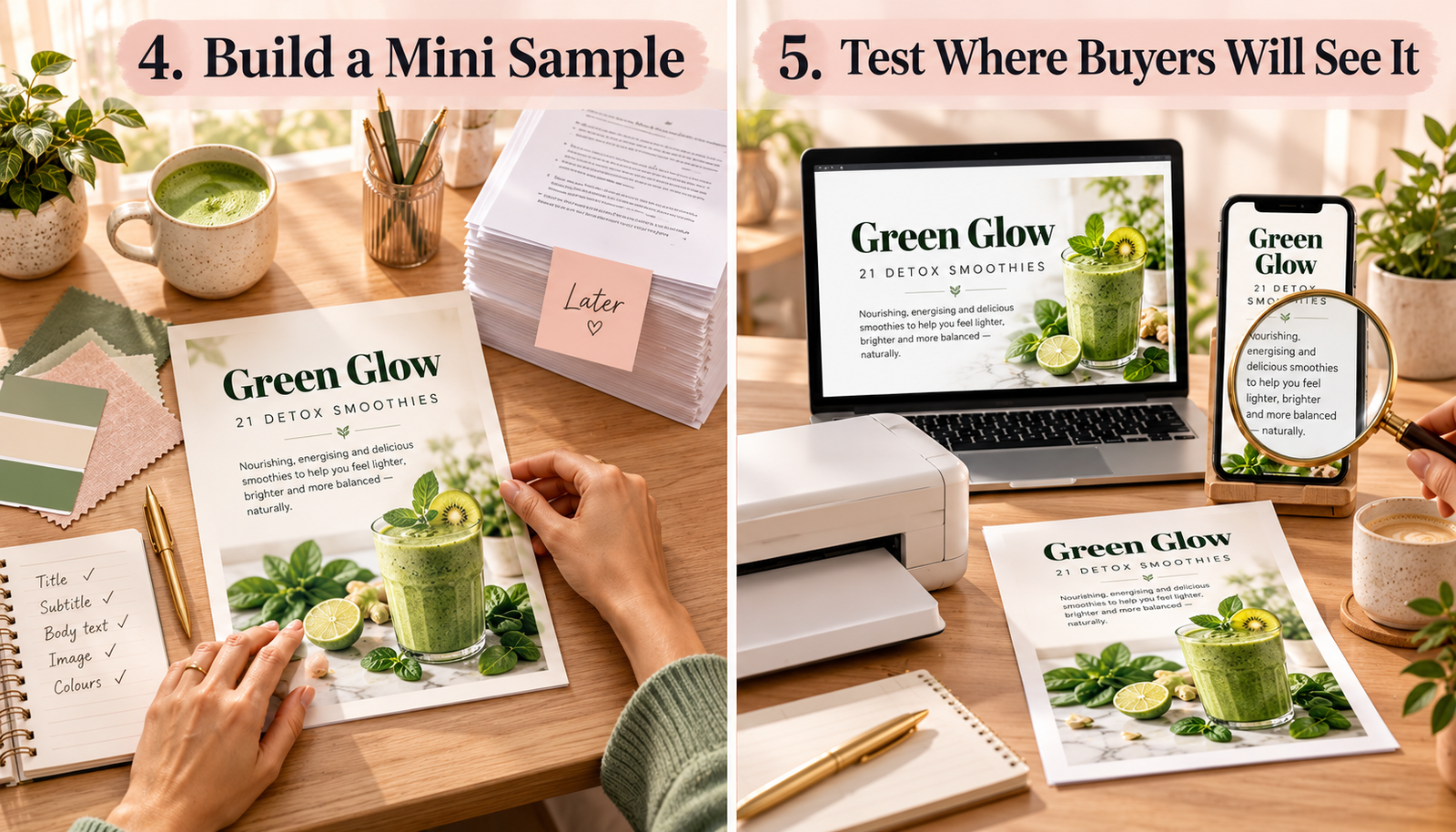 Testing Canva font combinations on a sample page, laptop, phone and printed sheet